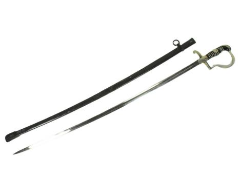 A WWI First World War German Officers dress sword with a stirrup guard, black Bakelite grip with wire bands and a forward fac