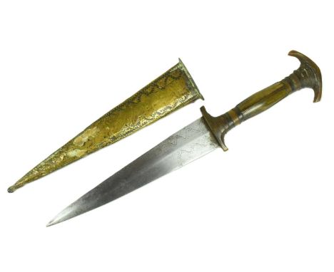 An early 20th Century Sudanese ( Dongola ) dagger with a curved pommel, stacked horn constructed hilt and a tapering blade wi