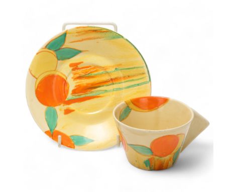 Clarice Cliff Bizarre Delicia Peaches pattern cup and saucer, saucer diameter 15cmGood condition, no chips cracks or restorat