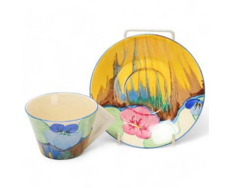 Clarice Cliff Delicia Pansies cup and saucer, saucer diameter 14.5cmGood condition, no chips cracks or repairs 