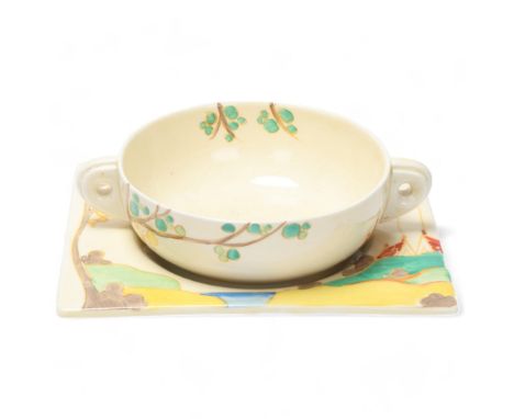 Clarice Cliff Biarritz 2-handled bowl on stand, Royal Staffordshire reg. no. 784849, stand length 16.5cmGood condition, no ch