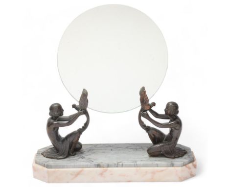 Art Deco spelter and marble dressing table mirror, circa 1920, supported by girls with exotic birds on two-colour marble base