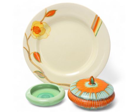 Clarice Cliff Yellow Rose dinner plate, diameter 25cm, Shelley drip glaze bowl and cover, diameter 12cm, and Shelley banded a