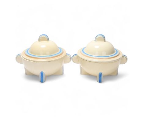 Clarice Cliff Bizarre, pair of 2-handled tureens, circa 1932, with blue-banded decoration, height 17cm, diameter excluding ha