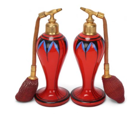Pair of Art Deco red glass atomiser perfume bottles, with painted decoration and gilt-metal mounts, height 16cmGood original 