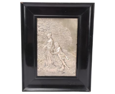 Art Nouveau silver plate on copper relief plaque, depicting lovers in a woodland, overall frame dimensions 40cm x 31cmGood co