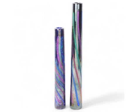 SEAN O'DONAGHUE studio glass, two silver leaf and dichroic glass design bottle vases, signed with gallery label to base, tall