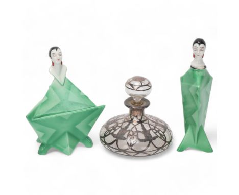 Bavarian porcelain triangular-shaped dressing table box and cover, and matching perfume bottle and stopper, together with Art