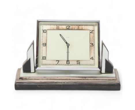 Smiths Art Deco silver black and white enamel and chrome cased mantel clock, 8-day movement with tilting dial, hallmarks Mapp