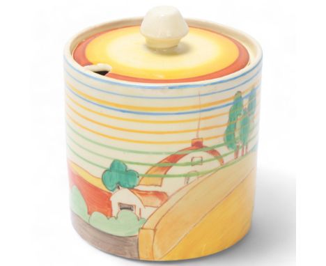 Clarice Cliff Bizarre drum-shaped preserve pot and cover, height 9cmGood condition, no chips cracks or restoration 