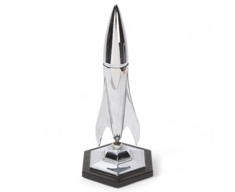 Art Deco chrome rocket table lighter, mounted on a ball joint, with removeable tip, no maker's marks, overall height 27cmGood