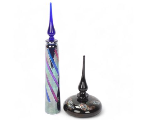 SEAN O'DONAGHUE studio glass, two silver and gold leaf and dichroic glass design stoppered  bottles, one is signed to base, t