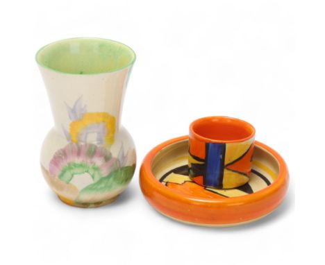 Clarice Cliff Bizarre, 3 pieces of Art Deco pottery, comprising small Viscaria pattern vase, height 9cm, Geometric pattern bo