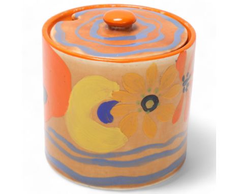 Clarice Cliff Catano drum-shaped preserve pot and cover, height 8cmGood condition, no chips cracks or restoration 