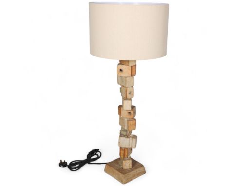 BERNARD ROOKE (b1938), A large brutalist ceramic floor lamp, a block section totem body, with rattan shade, height of lamp ba