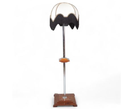 Art Deco chrome and stained wood standard lamp, circa 1920s, modern shade, overall height 168cmAll in good condition, shade a