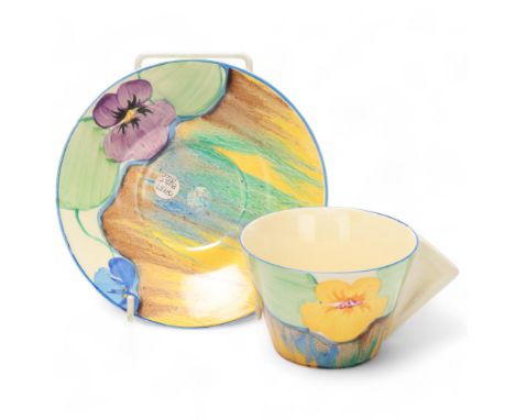 Clarice Cliff Delicia Pansies cup and saucer, saucer diameter 14.5cmGood condition, no chips cracks or repairs 