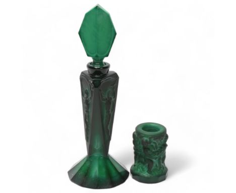 Czechoslovakian Art Deco malachite glass perfume bottle and stopper of triangular section, with relief moulded Classical figu