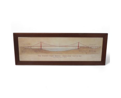 An architectural print of the Gold Gate Bridge, framed, 84x 25cmGood condition, some browning of paper 