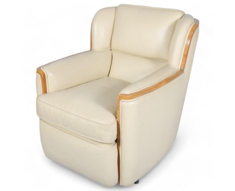 Art Deco cream leather upholstered armchair, with walnut show-wood surround, overall width 68cm 