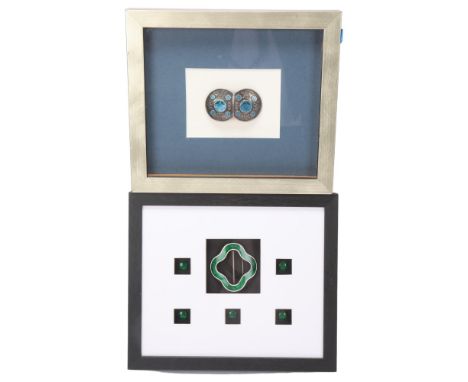 A set of green and white enamel buttons and buckle, and a 1911 silver and champleve enamel buckle by Gladys Bayliss, mounted 