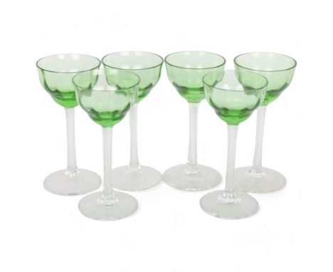A set of 6 Art Deco glasses with green bowls and clear stems, height 11.5cmAll in good condition 
