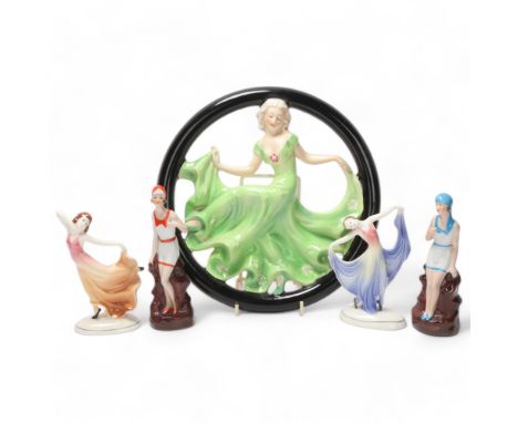 Norwegian Art Deco pottery wall plaque, diameter 23cm, and 2 pairs of Continental porcelain dancing figures (5)All in good co