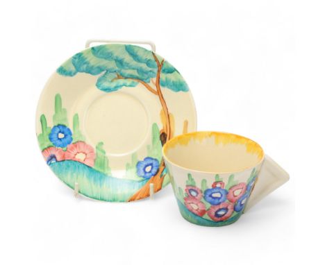 Clarice Cliff Bizarre Viscaria pattern teacup and saucer, saucer diameter 15cmNo chips cracks or restoration, light glaze cra