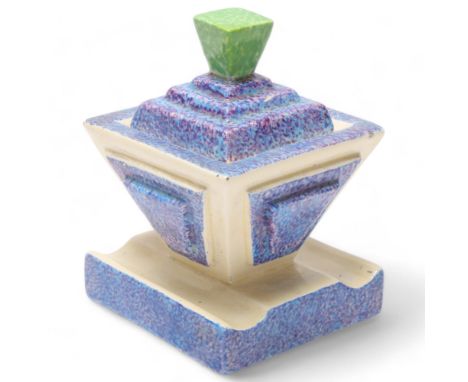 Clarice Cliff Delphinium Art Deco pot and cover, height 11cm, width 8cmGood condition no chips cracks or restoration 