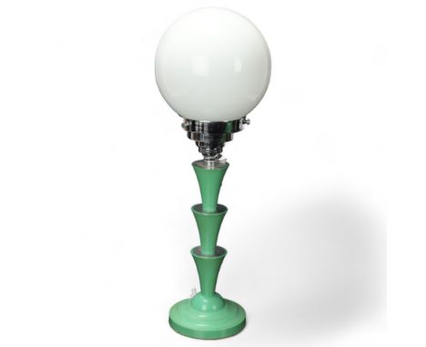 Art Deco green Bakelite table lamp, with chrome fitting and milk glass shade, height approx 40cmGood original condition and w