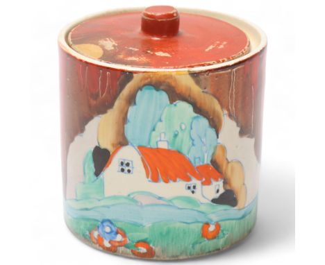 Clarice Cliff Forest Glen pattern drum-shaped pot and cover, circa 1934, height 8cmNo chips cracks or restoration, lid paint 
