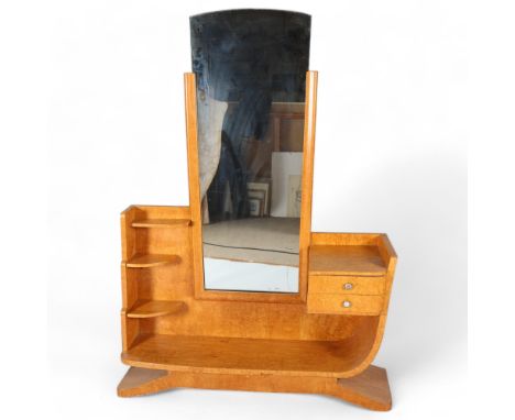 Art Deco birdseye maple cheval mirror/dressing stand, with 2 small fitted drawers, width 109cm, height 152cmGood original con