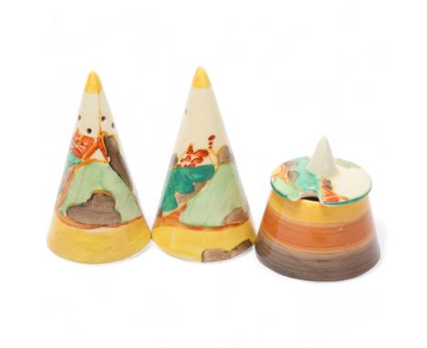 Clarice Cliff Secrets pattern 3-piece cruet set, height 8cmAll on good condition, no chips cracks or restoration 