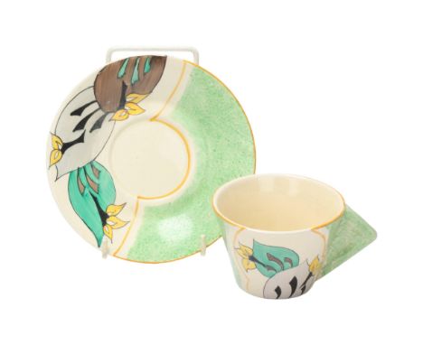 Clarice Cliff Green Cowslip cup and saucer, saucer diameter 14.5cmGood condition, no chips cracks or restoration 