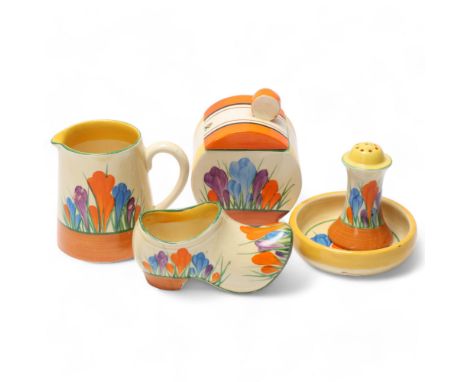 Clarice Cliff Bizarre Crocus pattern, small group of items, including a preserve pot and cover, height 10cm, pepperette, smal