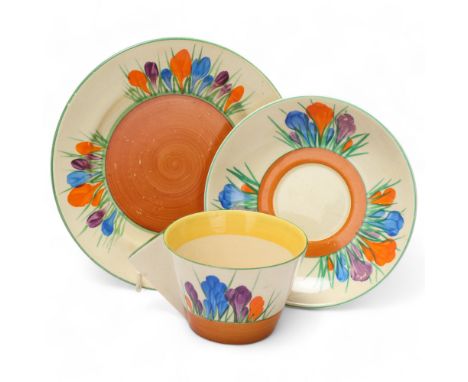 Clarice Cliff Bizarre Crocus pattern teacup saucer and side plate, plate diameter 17cmNo chips cracks or restoration, plate c