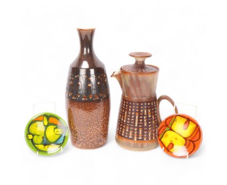A Iden/Rye pottery vase and coffee pot, together with two Poole Pottery dishes, all with makers marks, vase height 35cmAll in