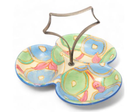 Clarice Cliff Bizarre Fantasque Blue Chintz 3-section hor d'oeuvres tray with plated handle, 22cm acrossGood condition, no ch