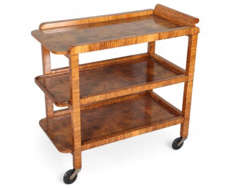 Art Deco burr-walnut 3-tier cocktail trolley, circa 1920s, 78cm x 41cmGood original condition 