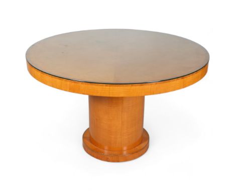 Art Deco satinwood and walnut dining suite, comprising circular table on drum-shaped base, diameter 121cm, and 4 matching din