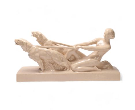 Woman with greyhounds, Art Deco style pottery figure, indistinctly signed "G. Ninin". Length 51cmGood Condition 