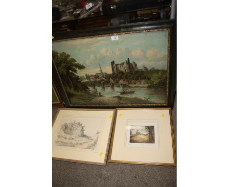 AN IMPRESSIONIST PENCIL SKETCH TOGETHER WITH A SIGNED LIMITED EDITION PRINT AND A VINTAGE FRAMED AND GLAZED PRINT DEPICTING A