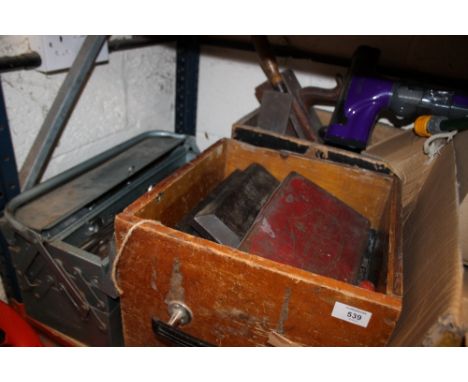 A TOOLBOX AND CONTENTS PLUS DRILL BITS, HAND TOOLS ETC