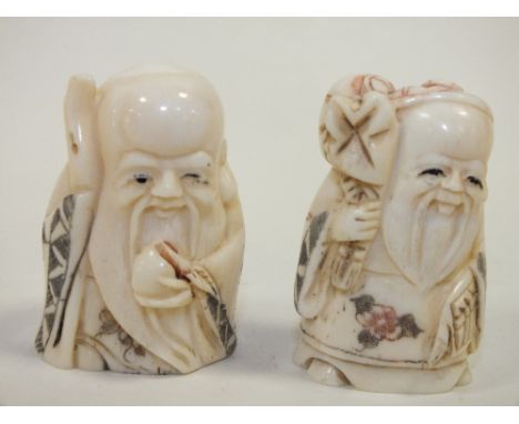 TWO ORIENTAL CARVED BONE FIGURES OF ELDERLY GENTLEMEN