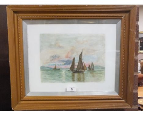 A GILT FRAMED AND GLAZED OIL ON MILK GLASS OF A SEASCAPE WITH SAIL SHIPS