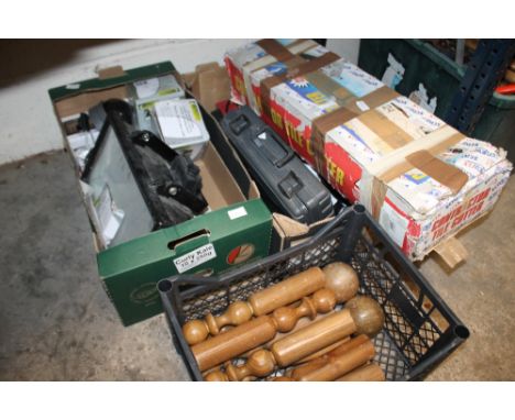 TWO TRAYS OF LIGHTS AND TOOLS PLUS WOODEN SKITTLES