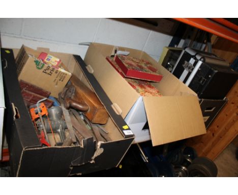 A SELECTION OF BOXES AND CASES PLUS A TRAY OF HAND TOOLS ETC