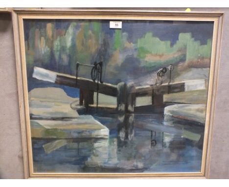 A FRAMED AND GLAZED GOUACHE OF A LOCK GATE