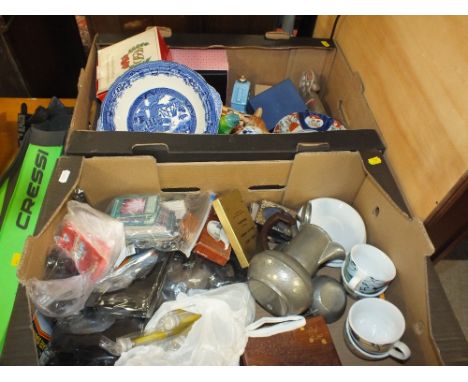 TWO TRAYS OF CERAMIC AND SUNDRIES TO INCLUDE PEWTER TEA SERVICE, COLLECTABLE CARDS ETC 