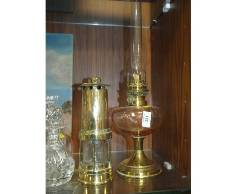 A VINTAGE BRASS MINERS LAMP TOGETHER WITH AN OIL LAMP (2) 